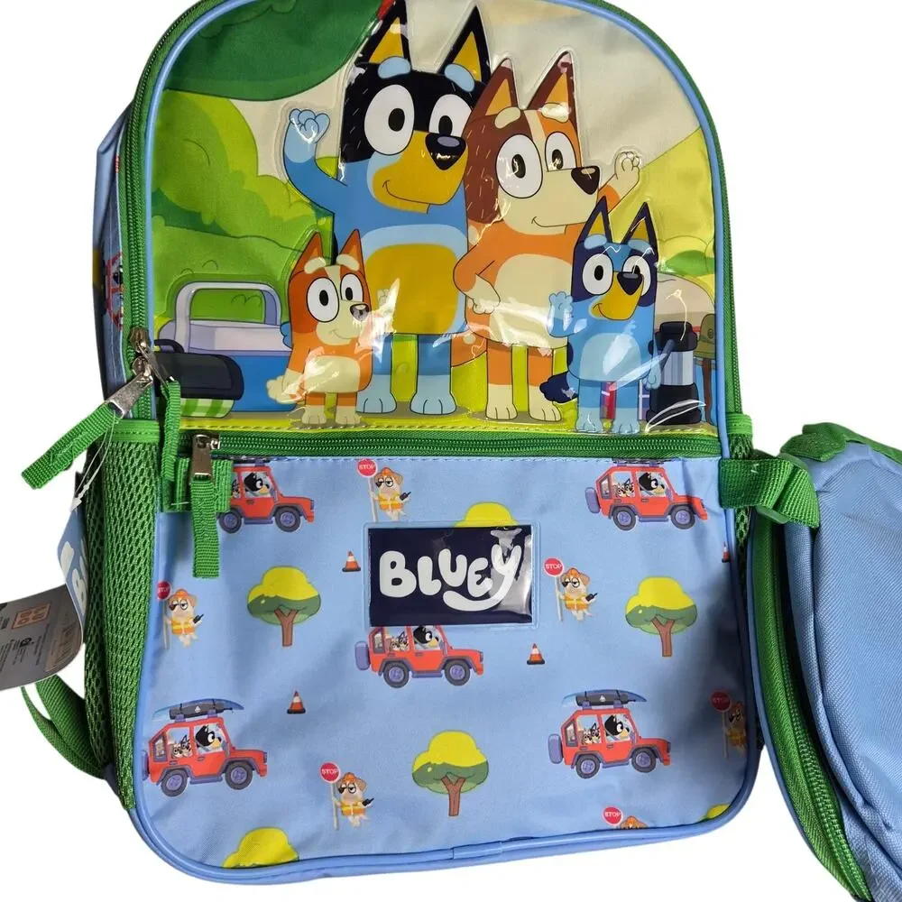 Bluey Backpack Removable Lunch Bag Green Blue Cartoon Adjustable Strap School